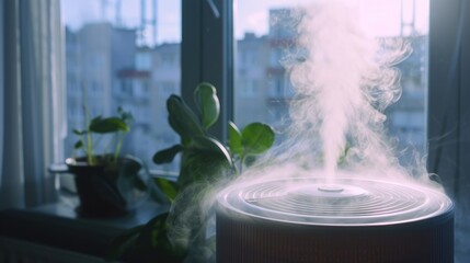 A compact and straightforward description of the image showing a humidifier sitting on top of a window sill next to a potted plant.