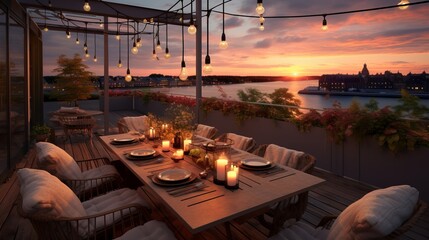 Beautiful autumn evening on cozy outdoor terrace with string lights, overlooking the city