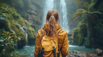 Fototapeta na wymiar Backpacking, traveling girl at a beautiful nature scene
