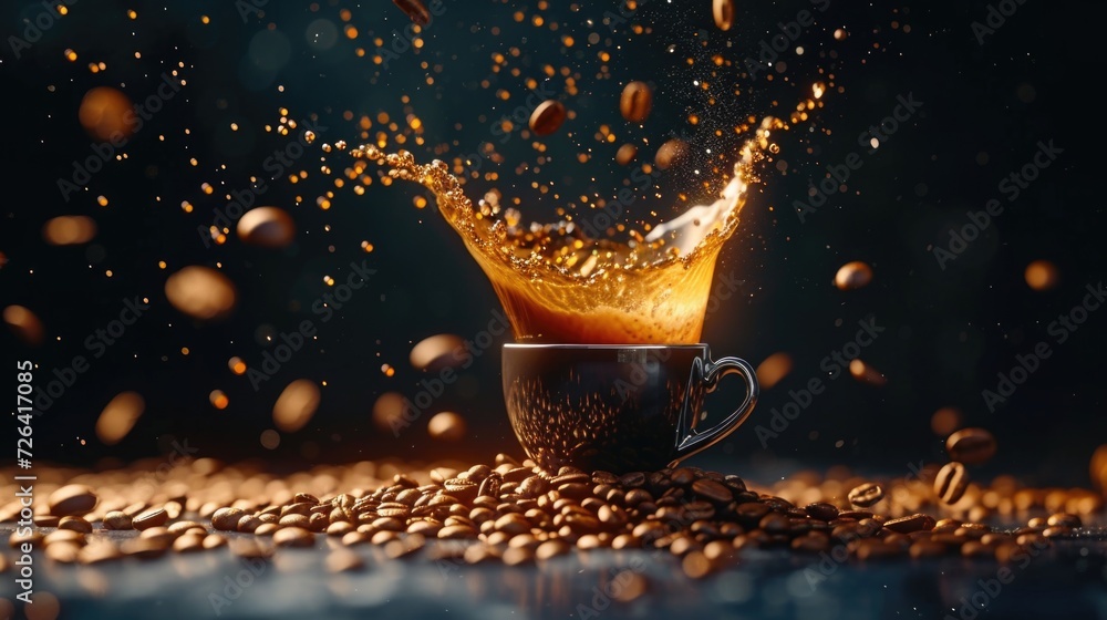 Poster a picture of a cup of coffee with a splash of liquid. suitable for use in coffee-related articles or