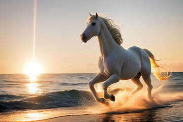 Obraz na płótnie Canvas White horse runs in the water of the sea sunset. Generative AI.