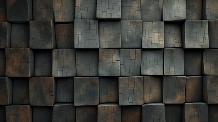 A wall of wooden masonry, protruding cubic tiles of different heights, textured background, wallpaper with a pattern and texture of an abstract wall