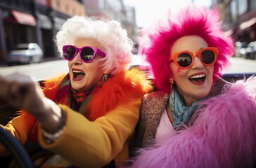 Two women wearing pink and orange sunglasses smile as they march in a colorful parade, donning fur clothing and clown costumes for an outdoor festival