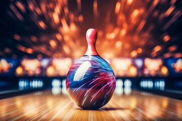 Bowling strike. ball crashing into pins on alley line - sport competition or tournament concept