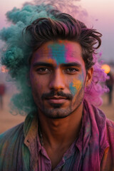 handsome man for Holi festival with colourful smoke powder splash stunning image