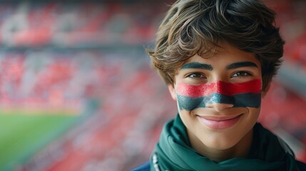 Excited portugal fan with face paint at stadium, sports supporter with blurry background, text space