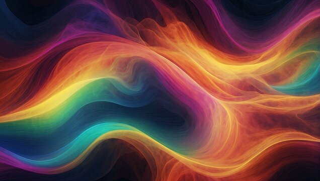 Vibrant abstract waves of colors flow dynamically across the image, blending hues of red, orange, yellow, green, blue, and purple in a smooth, silk-like texture.