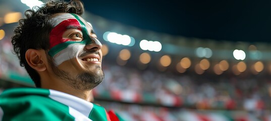 Mexican football fan with painted face, cheering at stadium, copy space for text