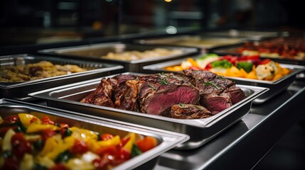 Naklejka premium Indoor restaurant buffet. group enjoying colorful spread of meat, fruits, and vegetables