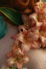 Close up of a woman with flowers in her hair. Perfect for floral themes and beauty concepts