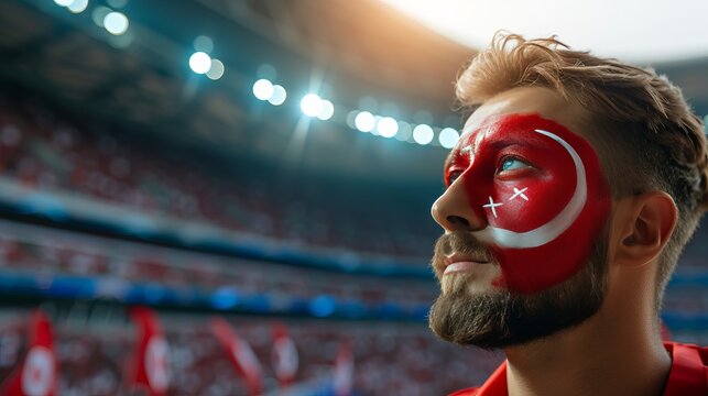 Excited turkey flag painted man supporting team at sports event with blurry stadium background