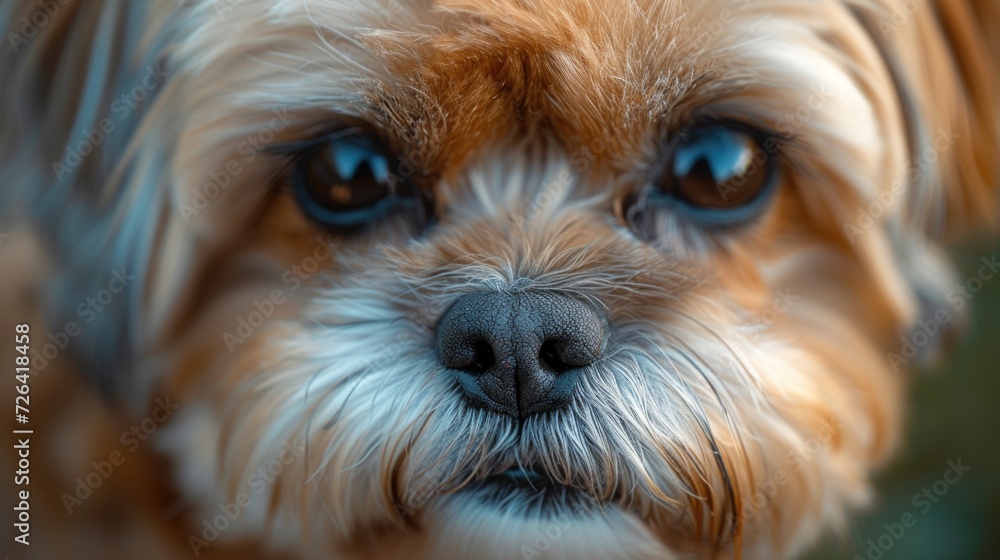 Poster a close-up view of a dog's face with a blurry background. this image can be used to showcase the bea