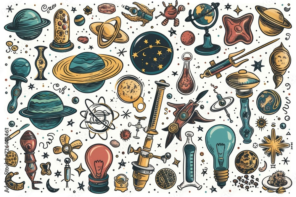 Poster A collection of hand-drawn space-related items. Perfect for adding a touch of whimsy and creativity to any project.