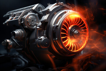 Fiery turbine blades in a powerful engine, showcasing advanced combustion technology. Industrial aesthetics with hot metal and controlled flames