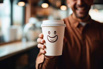 Friendly barista shares a warm smile, handing over a crafted coffee. Experience the joy of quality service in every sip