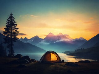Silhouette of camping with sunrise light mountains background. design for poster, web, flyer, social media. ai generative design