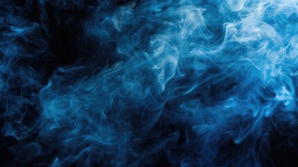Close-up shot of blue smoke on a black background. Can be used to create a mysterious or abstract atmosphere in designs or presentations - obrazy, fototapety, plakaty