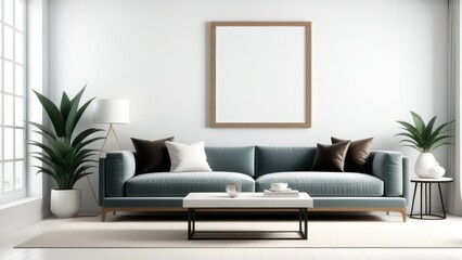 Modern cozy mock up and decoration furniture of living room and empty canvas frame on the white wall texture background, 3D rendering. generative, ai.