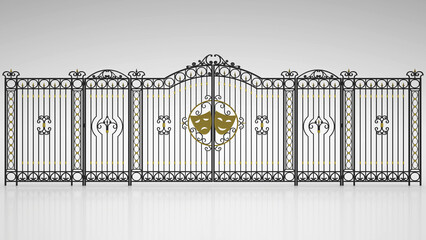 Metal gate with railing, theater coat of arms on the main door, 3d illustration, 3d rendering