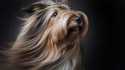 A dog with long hair blowing in the wind in style of fashion editorial. Dog coat on dark background. Grooming