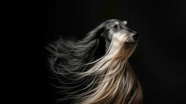 A dog with long hair blowing in the wind in style of fashion editorial. Dog coat on dark background. Grooming