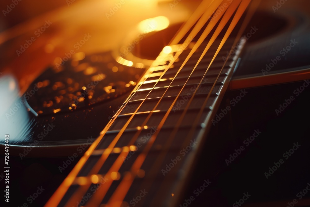 Poster a detailed close-up of a guitar neck and its strings. perfect for music-related projects and designs