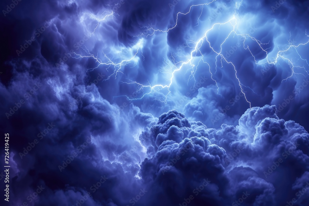 Poster A powerful lightning storm illuminating the sky with dark clouds. Ideal for illustrating the forces of nature or adding drama to design projects