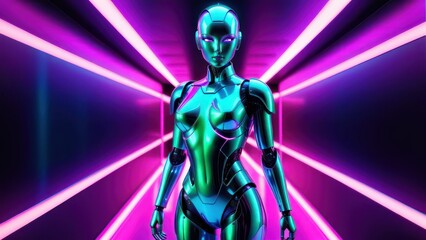 Robot or Artificial Human made of iridescent plastic material in neon lights. 3d rendering illustration in sci-fi futuristic style. generative, ai.