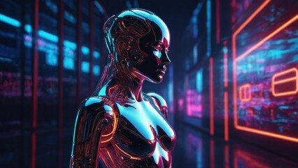 Robot or Artificial Human made of iridescent plastic material in neon lights. 3d rendering illustration in sci-fi futuristic style. generative, ai. - obrazy, fototapety, plakaty