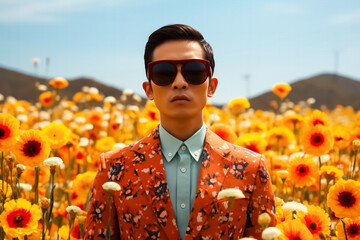 Portrait of a stylish young Asian man in a floral suit and sunglasses standing in a field of bright orange flowers against the background of mountains and blue sky. 8 March greeting card, postcard