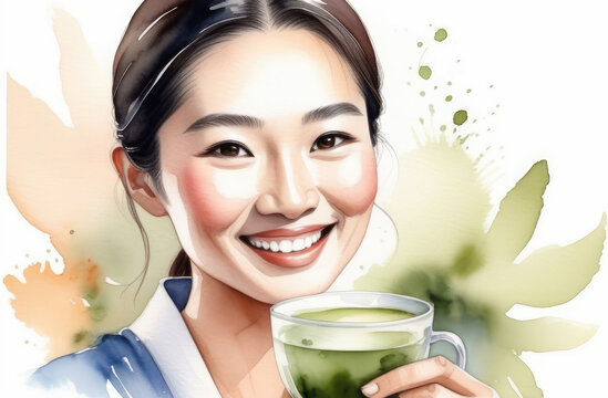 smiling Asian girl holding cup of traditional Japanese matcha tea, watercolor illustration.
