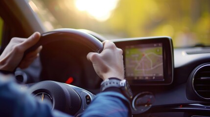 A man is seen driving a car while using a GPS device for navigation. This image can be used to illustrate modern technology and transportation