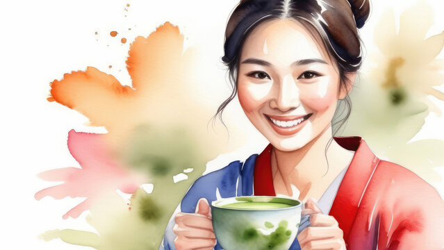 Asian smiling girl holding cup of traditional Japanese matcha tea, watercolor illustration.