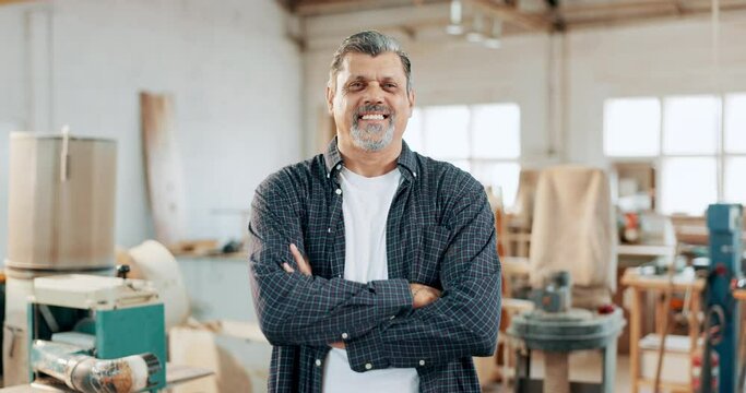 Senior man, carpenter and professional at workshop with arms crossed for small business in supply chain. Portrait of mature male, builder or craftsman smile in confidence for woodwork or management