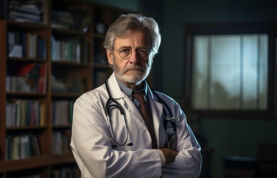 A seasoned elderly doctor exudes confidence and authority, with crossed arms, in his nighttime office, symbolizing dedication, responsibility, and wisdom during the night shift, showcasing the