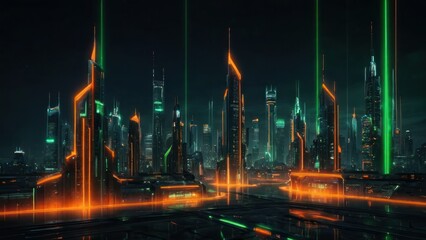 Fototapeta na wymiar Sci-fi City Skyline with Orange and Green Neon lights. Night scene with Futuristic Skyscrapers. generative, ai.