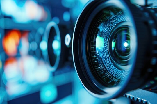 A close-up view of a camera lens with a blurred background. Suitable for various photography themes and concepts