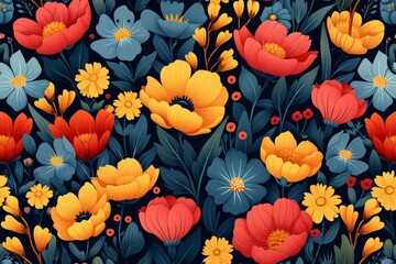 Flat floral spring seamless pattern design. Ideal for textile, wallpaper, fabric prints or wrapping paper