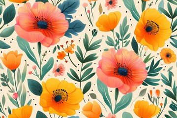 Flat floral spring seamless pattern design. Ideal for textile, wallpaper, fabric prints or wrapping paper