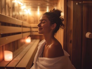 Beautiful young woman in sauna, relaxing atmosphere