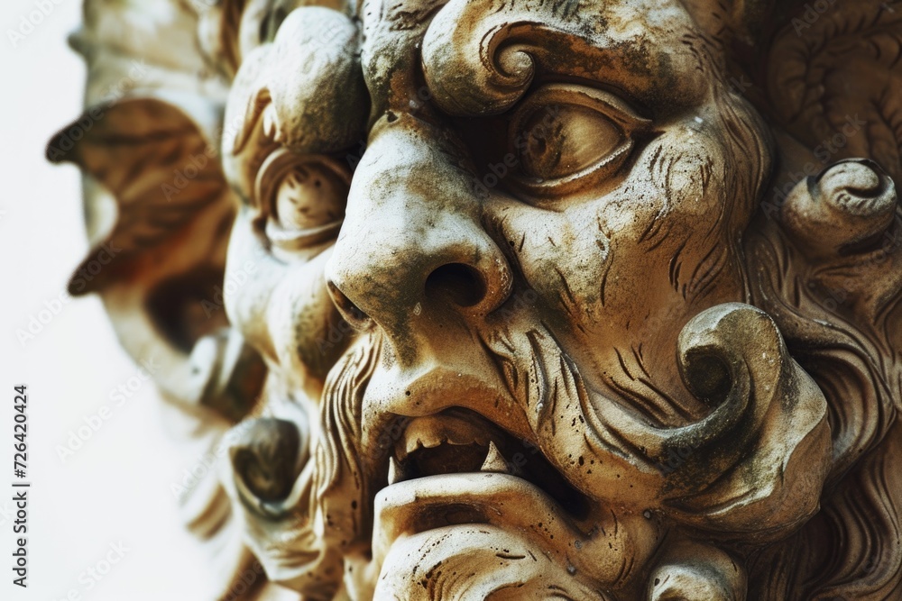 Poster A close up view of a statue depicting the face of a man. This image can be used for various purposes