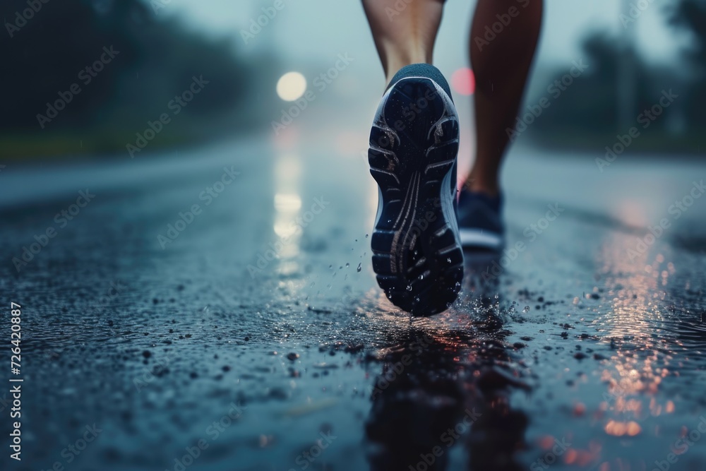 Poster a person walking in the rain on a road. suitable for depicting a gloomy weather condition and a soli