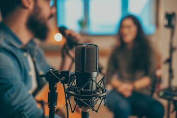 duo recording with portable podcasting equipment - obrazy, fototapety, plakaty