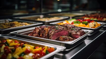 Naklejka premium Diverse group catering buffet with colorful fruits, vegetables, and meat in restaurant