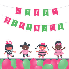 Birthday girls party. Greeting Card template. Invitation template. Cute children dance. Flags Happy Birthday. Diverse Group of little kids have fun. Happy baby girls. Pink Green balloons. Vector