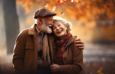 In this enchanting scene, a romantic elderly couple cherishes their golden days amid the natural beauty of an autumnal atmosphere.Generated image