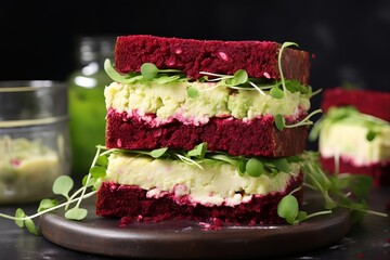 Tasty vegan sandwiches with flavorful beetroot hummus, creamy cheese, and fresh arugula fillings - obrazy, fototapety, plakaty
