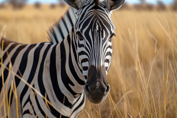 Fototapeta na wymiar A close-up view of a zebra standing in a field of tall grass. This image can be used to depict wildlife, nature, or African safari themes