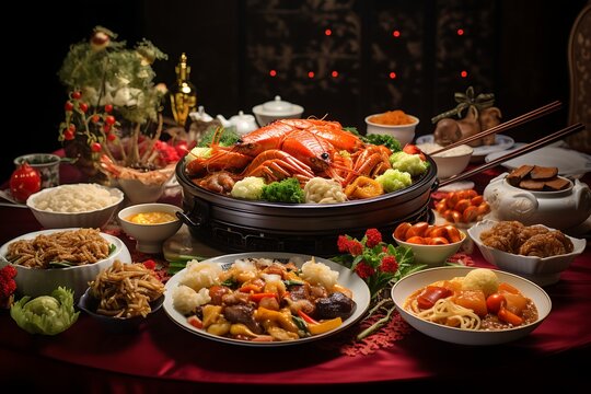 an image showcasing a family reunion dinner on Chinese New Year's Eve, with a table full of delicious traditional dishes.