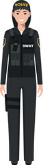 Standing SWAT Policewoman Officer in Traditional Uniform Character Icon in Flat Style. Vector Illustration.